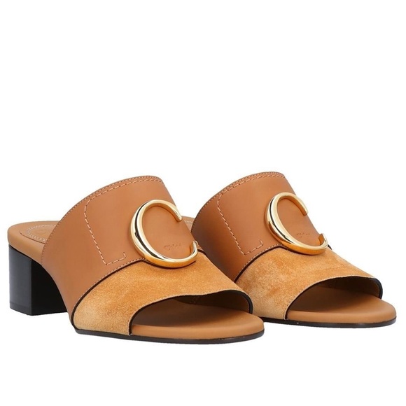 Chloe Shoes - CHLOÉ camel tan C logo embellished leather heeled mules 39